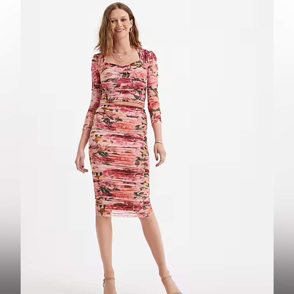 Express Body Contour Floral Mesh Cropped Top With Removable Cups and Skirt